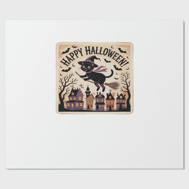 Glad Halloween Svart Katt Häxa Klassisk T-Shirt Presentpapper (Platt)
