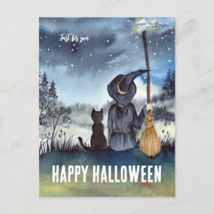 Glad Halloween Svart Katt Häxa Vykort