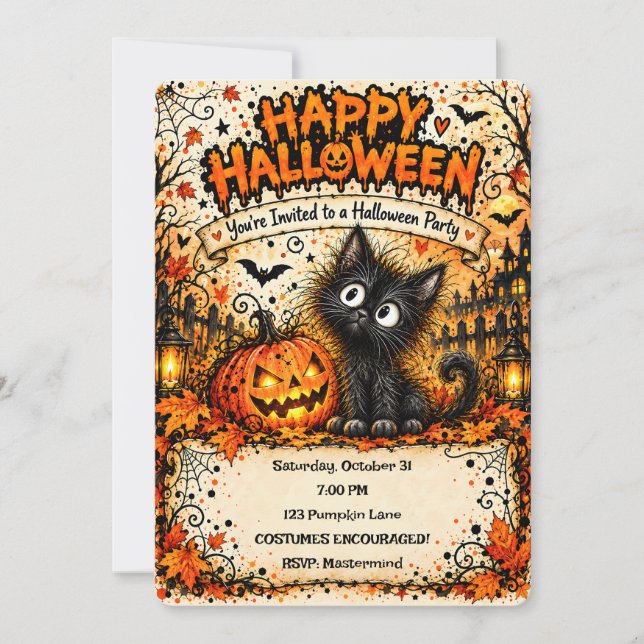 🎃🐈‍⬛ Glad Halloween Svart Katt Inbjudan 👻✨ (Framsida)