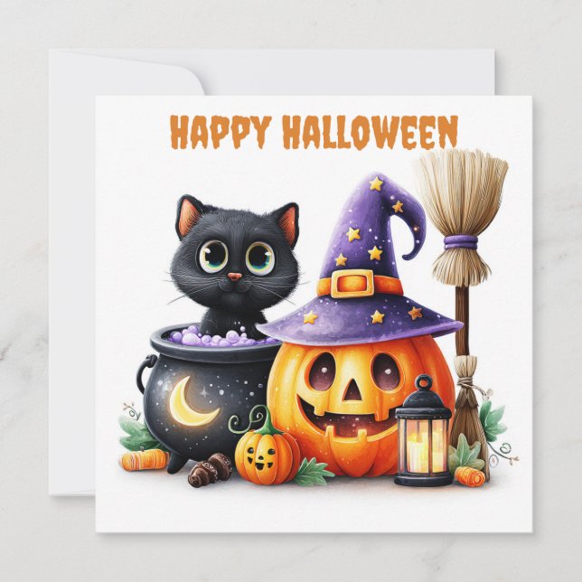Glad Halloween Svart Katt Kort (Framsida)