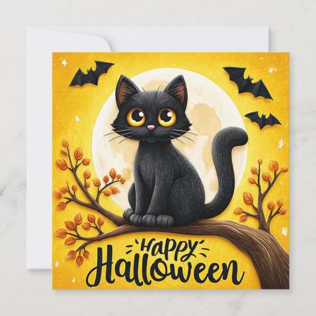 Glad Halloween Svart Katt Kort (Framsida)