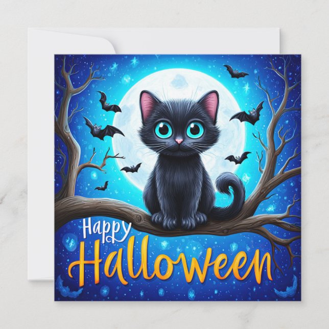 Glad Halloween Svart Katt Kort (Framsida)