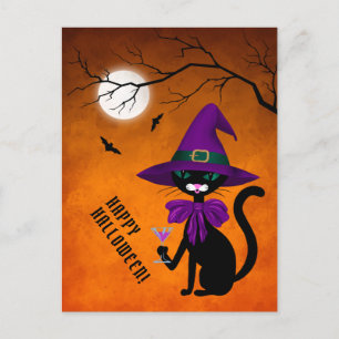 Glad Halloween Svart Katt Lila Häxa Hatt Måne Helg Vykort