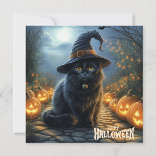 Glad Halloween Svart Katt med pumpor Julkort