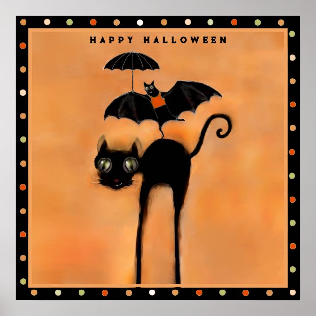 Glad Halloween Svart Katt och Akrobat Poster (Framsidan)