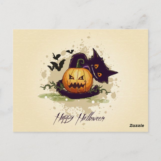 Glad Halloween Svart Katt och Jack Postkort Vykort (Baksida)