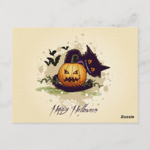 Glad Halloween Svart Katt och Jack Postkort Vykort