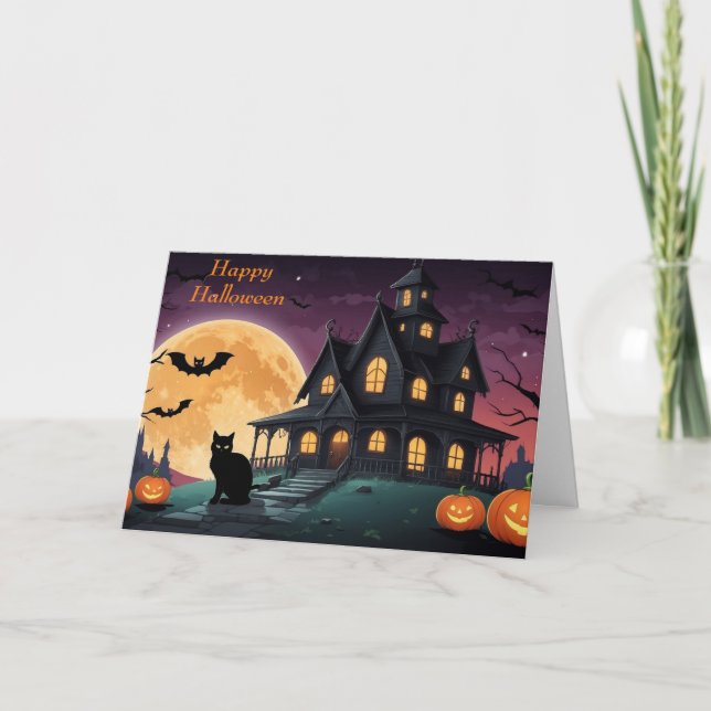 Glad Halloween Svart Katt och Spökhus  Helgkort (Framsida)