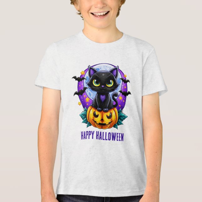 Glad Halloween Svart Katt på Pumpa T Shirt (Framsida)