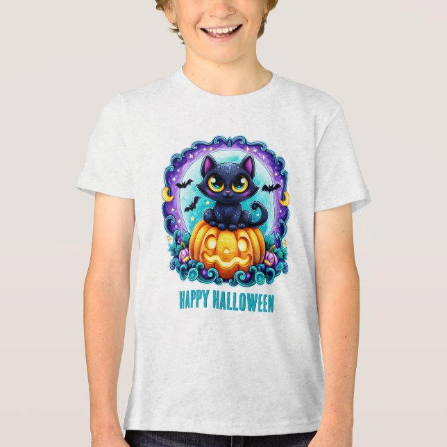 Glad Halloween Svart Katt på Pumpa T Shirt (Framsida)