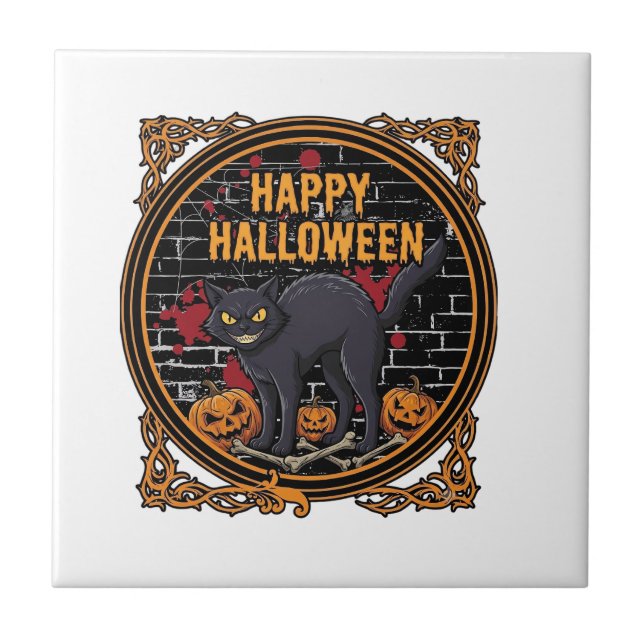 Glad Halloween Svart Katt Pumpa Ben_1 Kakelplatta (Framsidan)