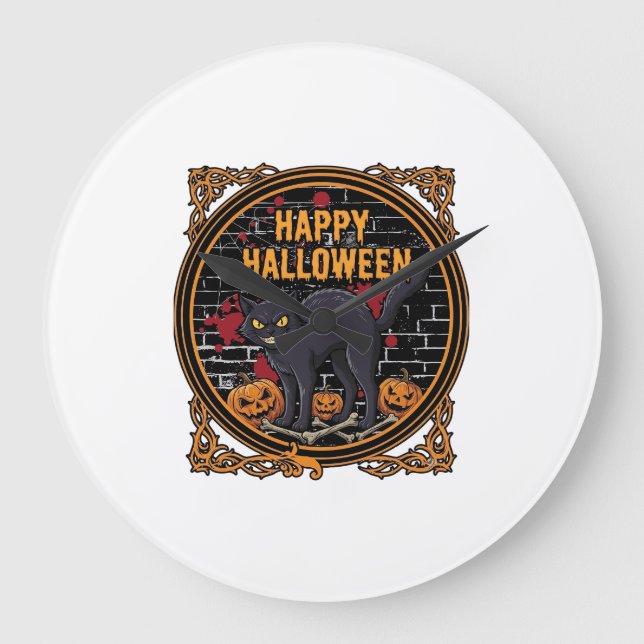 Glad Halloween Svart Katt Pumpa Ben_1 Stor Klocka (Framsida)