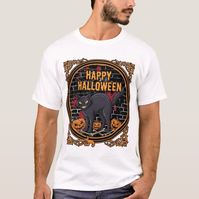 Glad Halloween Svart Katt Pumpa Ben_1 T Shirt (Framsida)