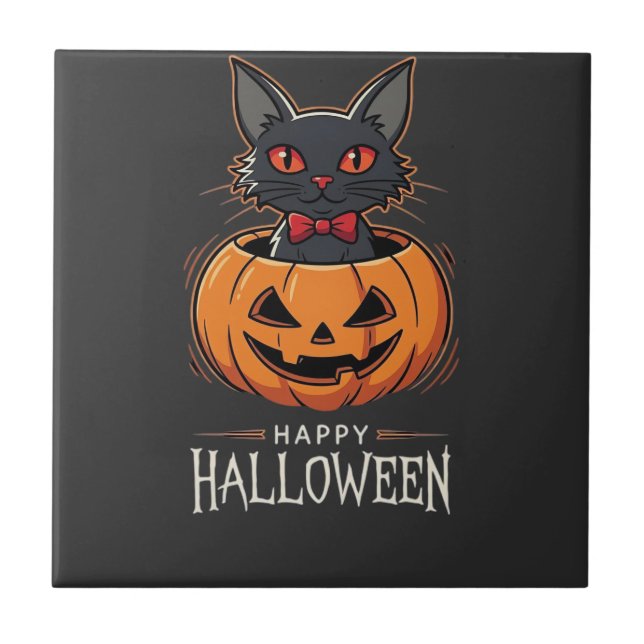 Glad Halloween Svart Katt Pumpa Design_1 Kakelplatta (Framsidan)