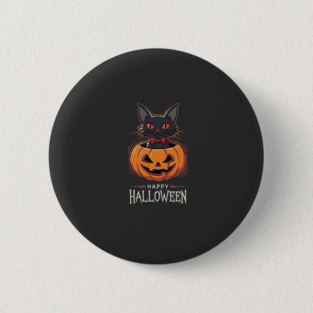 Glad Halloween Svart Katt Pumpa Design_1 Knapp (Framsida)