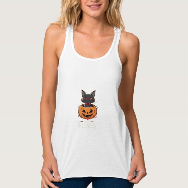 Glad Halloween Svart Katt Pumpa Design_1 Linne Med Racerback (Framsida)