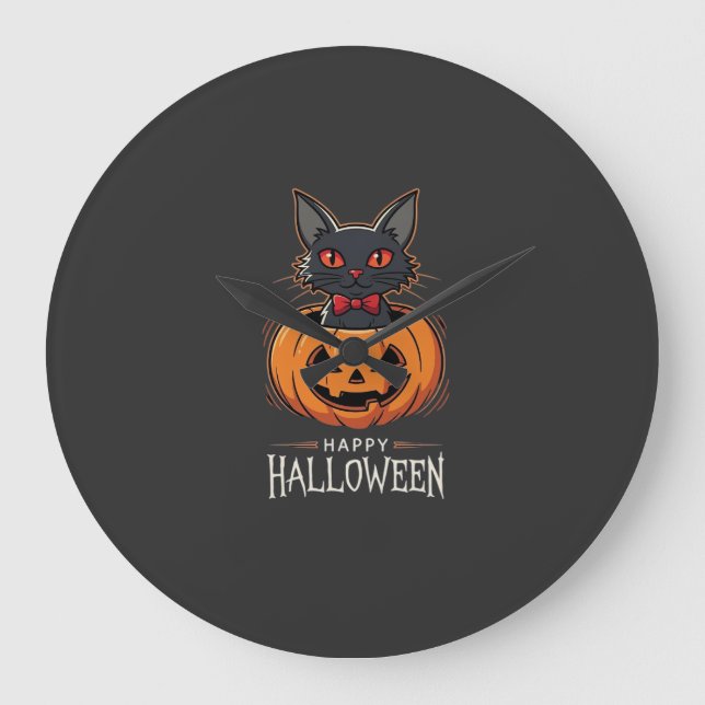 Glad Halloween Svart Katt Pumpa Design_1 Stor Klocka (Framsida)
