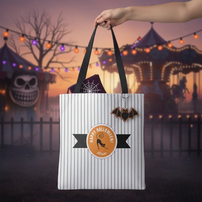 Glad Halloween Svart Katt & Ränder ID686 Tygkasse (Skapare uppladdad)