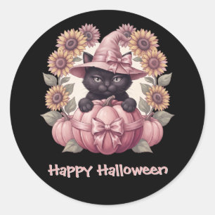 Glad Halloween Svart Katt Rosa Pumpa Runt Klistermärke