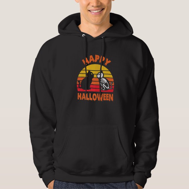 Glad Halloween Svart Katt Skelett Hoodie (Framsida)