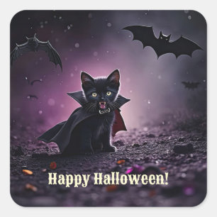 Glad Halloween Svart Katt Vampyr Söt Fyrkantigt Klistermärke