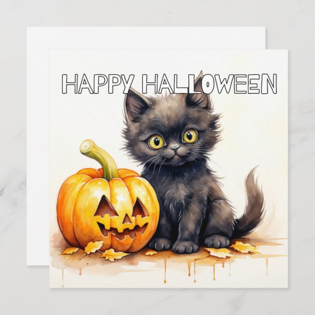 Glad Halloween Svart Kattunge Katt Kort (Fram/baksida)