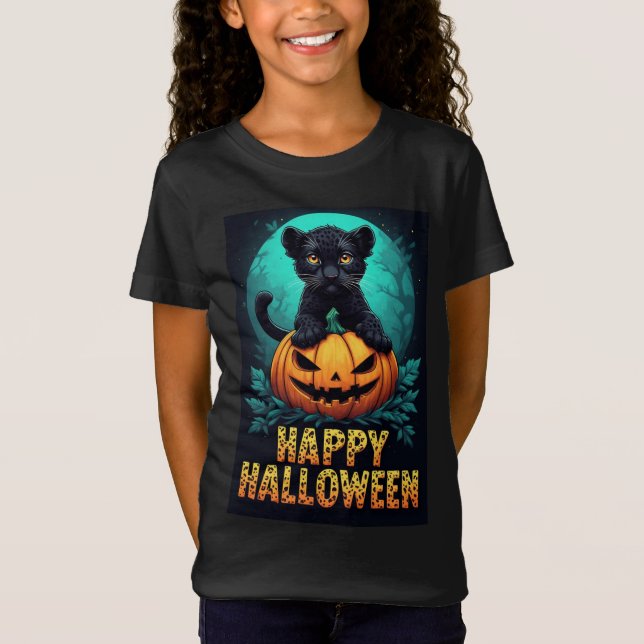 Glad Halloween Svart Panter Kattunge T Shirt (Framsida)