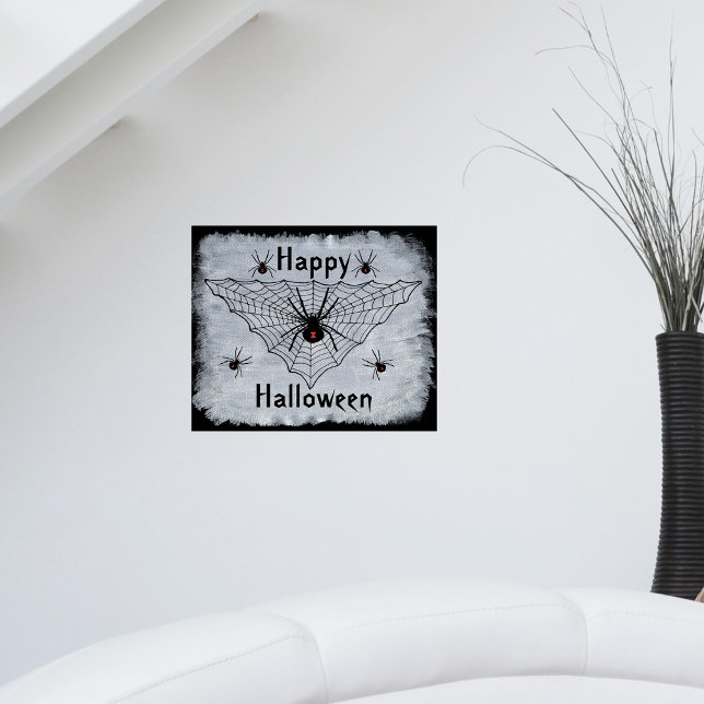 Glad Halloween Svarta Änkan Spindelväv Poster (Black widow spiders red hourglass marks spider web on Happy Halloween wall poster decoration.)