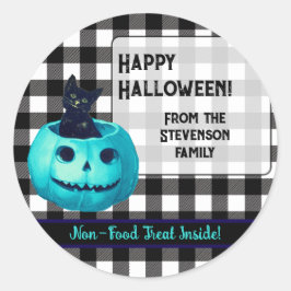 Glad Halloween Teal Pumpa och Rutigt  Runt Klistermärke