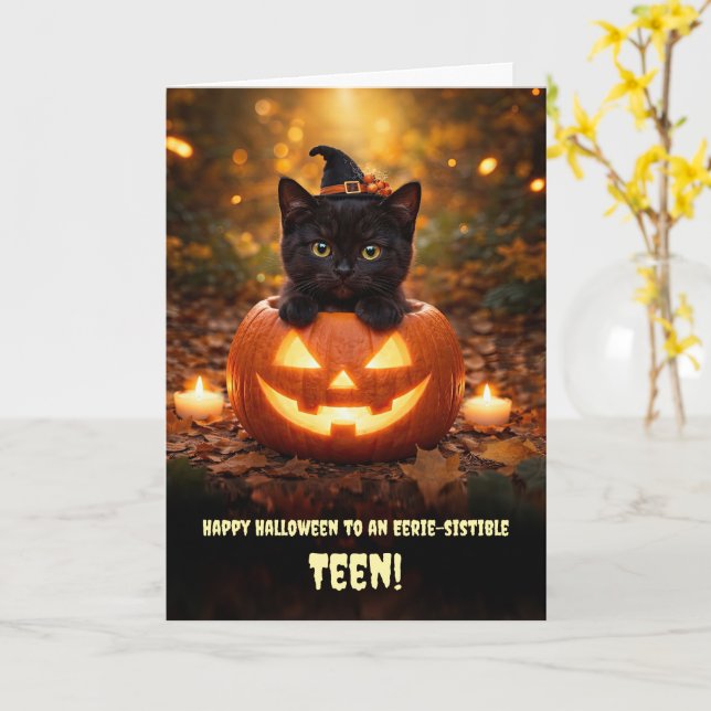 Glad Halloween till en tonåring Katt Söt Kort (Gul blomma)