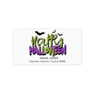 Glad Halloween-typografi med fladdermöss Grön ID68 Adressetikett