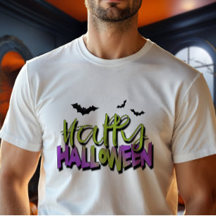 Glad Halloween-typografi med fladdermöss Grön ID68 T Shirt