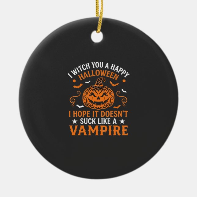 Glad Halloween Vampyr Pumpa Häxa Hatt Fladdermöss Julgransprydnad Keramik (Framsidan)