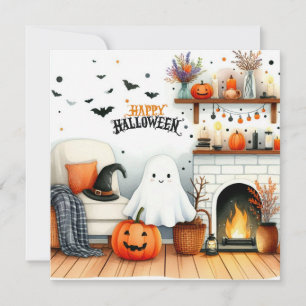 Glad Halloween vardagsrum med spöke Julkort