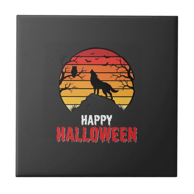 Glad Halloween Varg Solnedgång Vektor Kakelplatta (Framsidan)
