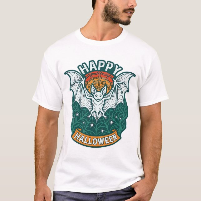 Glad Halloween Vit Fladdermus Spindelnät Spindlar_ T Shirt (Framsida)