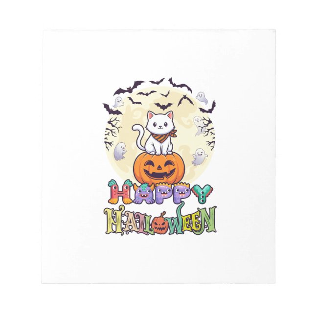 Glad Halloween Vit Katt Pumpa Måne Fladdermöss Spö Anteckningsblock (Framsida)