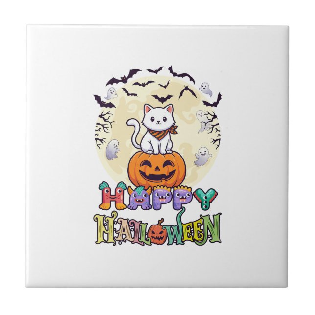 Glad Halloween Vit Katt Pumpa Måne Fladdermöss Spö Kakelplatta (Framsidan)