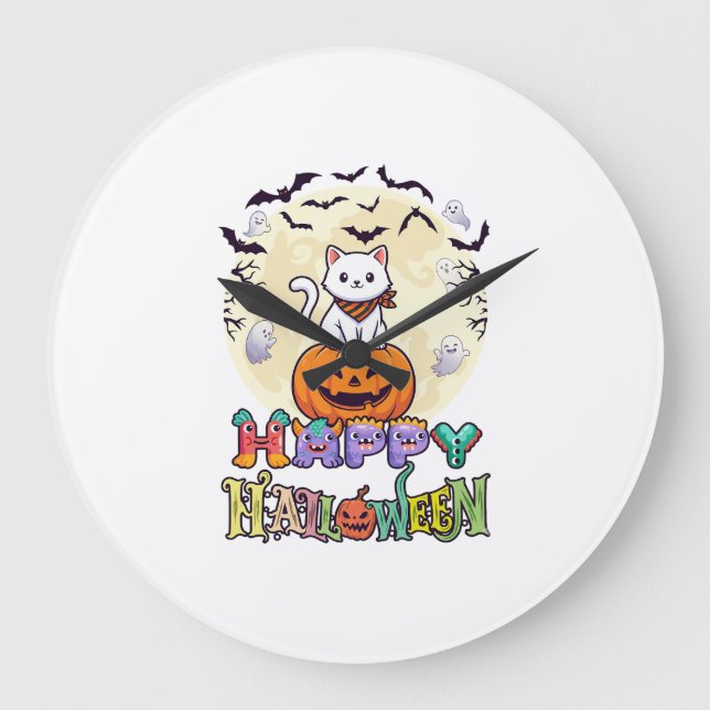 Glad Halloween Vit Katt Pumpa Måne Fladdermöss Spö Stor Klocka (Framsida)