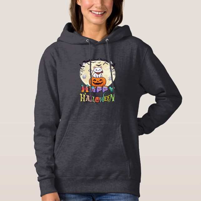 Glad Halloween Vit Katt Pumpa Måne Fladdermöss Spö T Shirt (Framsida)