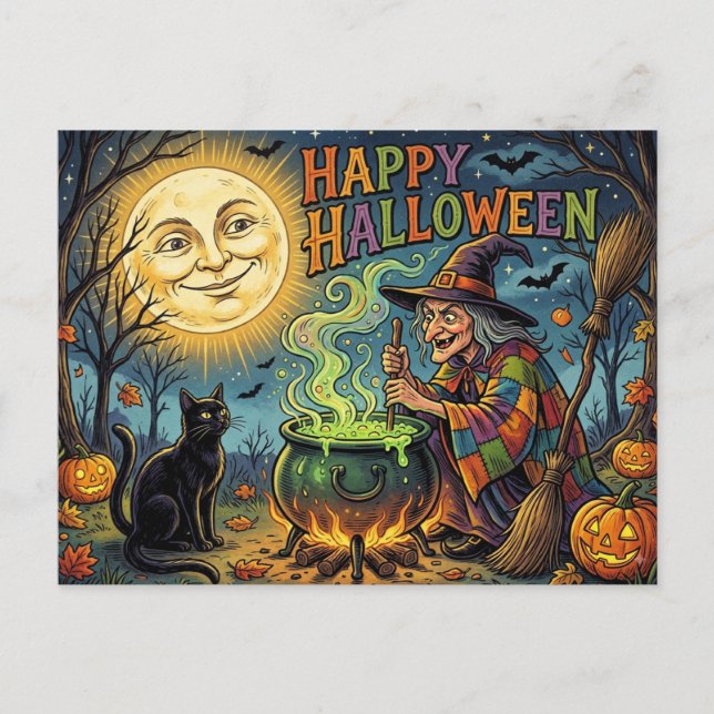 Glad Halloween vykort, 1930-tal Retro häxa, Svart Vykort (Framsida)