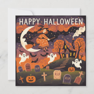 Glad Halloween Whimsical Häxa på Kvast Julkort