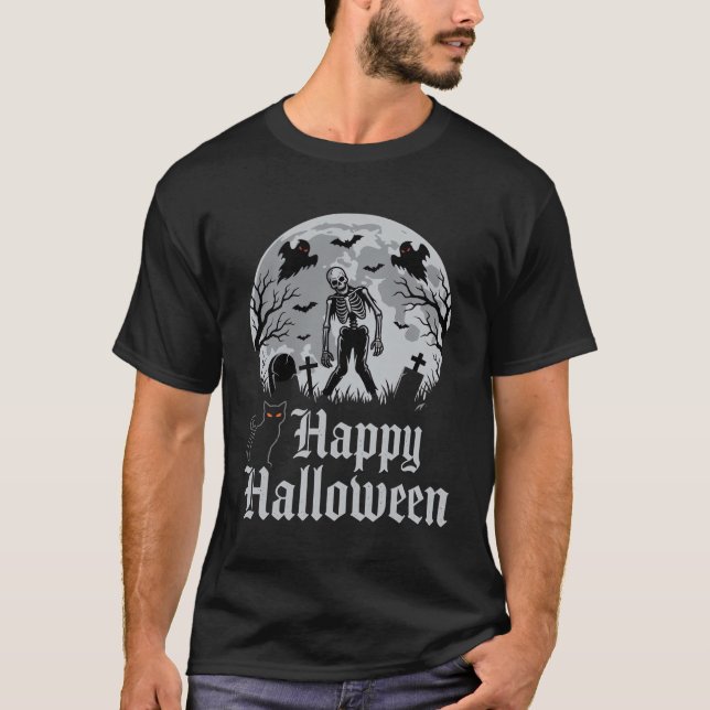 Glad Halloween Zombie Katt Måne Design T Shirt (Framsida)