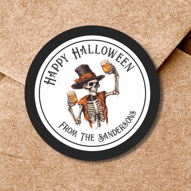 Glad Halloweenfest Runt Klistermärke (Skeleton Happy Halloween Classic Round Sticker)