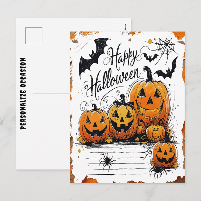 Glad Halloweenfirande Pumpa Fladdermöss Spindel Helg Vykort (Fram/baksida)
