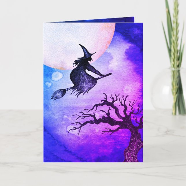 Glad Halloweenhälsning Flygande häxa kort (Framsida)