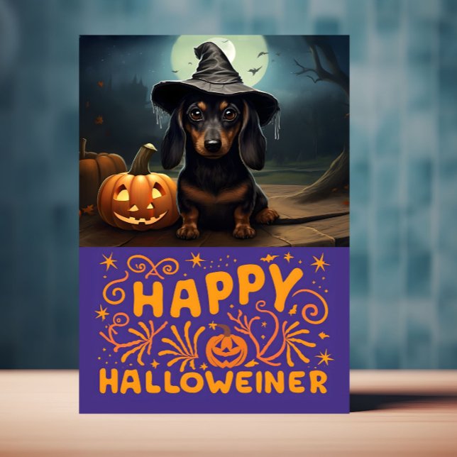Glad Halloweiener Söt Hund Kort (Halloween card with Weiner dog on front is displayed on a table top)