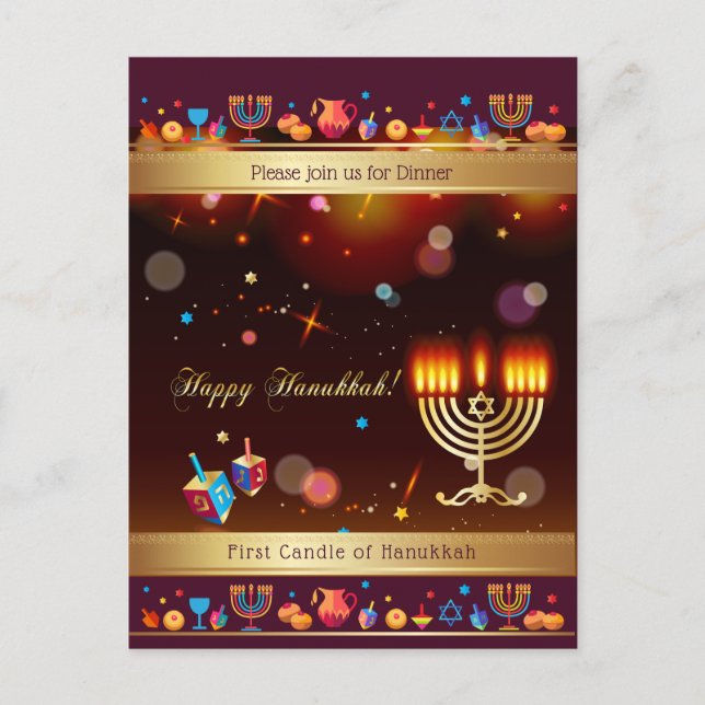 Glad Hanukkafirande Guld Hanukkia Inbjudan Vykort (Framsida)