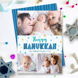 Glad Hanukkah 3 Foto Modern Typografi Guldstjärna Julkort
