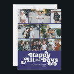 Glad Hanukkah Alla Dagar Foto Julkort<br><div class="desc">Dessa 5" x 7" platta Hanukkah-kort har en minimalistisk design med hälsningen "Glad Alla Dagar" i vita bokstäver på en kunglig blå bakgrund med platshållare för åtta (8) av dina favoritfoton,  efternamn och år.</div>